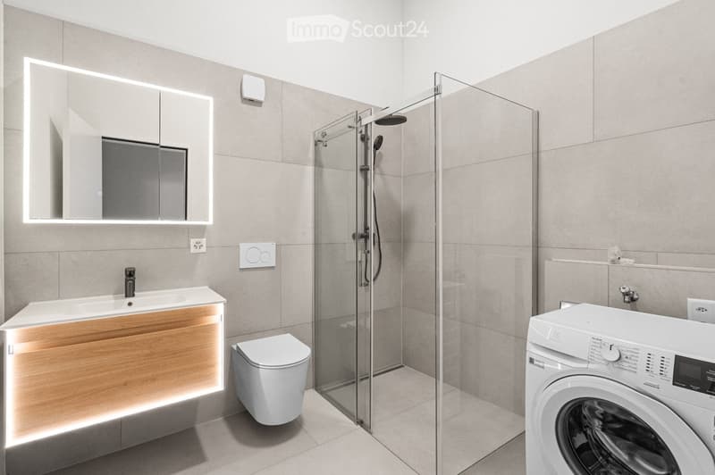 Modern bathroom with a white sink, wooden vanity, large mirror, toilet, glass-enclosed shower, and a washing machine.