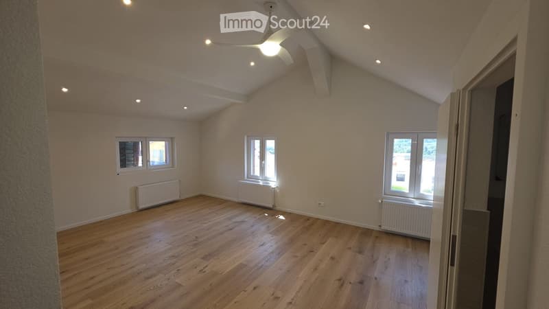 Empty room with wooden flooring, white walls, and multiple windows allowing natural light. Features a ceiling fan with a light fixture and radiators along the walls.