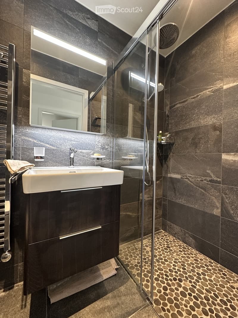 Modern bathroom with dark marble tiles, a large mirror, a white sink, a glass-enclosed shower, and a towel rack.
