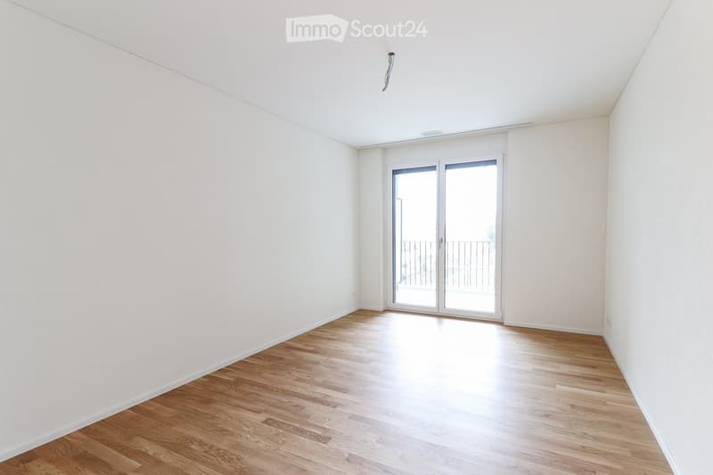 Empty room with light-colored walls and wooden flooring, featuring a large sliding glass door leading to a balcony.