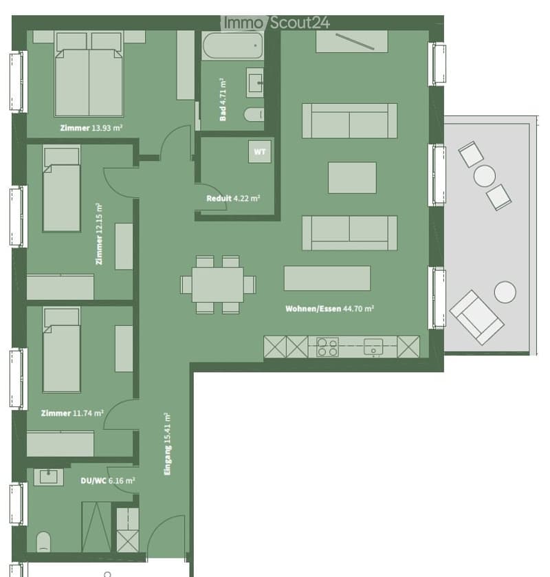 Floor plan of a 4-room apartment with living/dining area, 3 bedrooms, bathroom, and hallway.