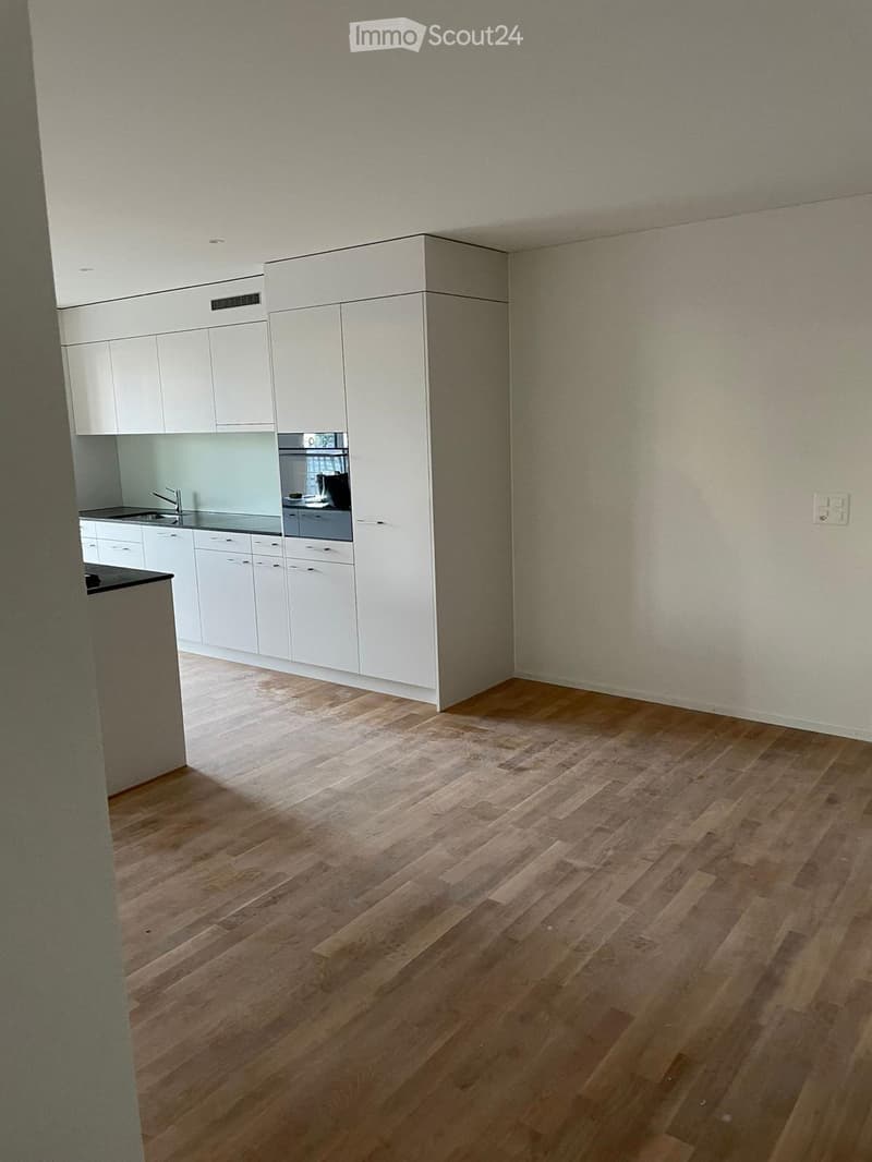 Empty kitchen area with white cabinets, wooden flooring, and a sink area visible in the background.