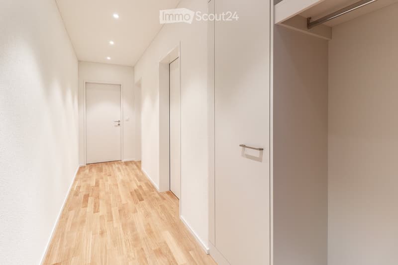 A clean, modern hallway with light wooden flooring, white walls, and recessed lighting. Features a closed door and an open closet with a built-in wardrobe.