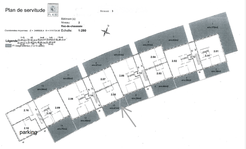 Floor plan of a building on the second level (ground floor), showing multiple rooms and outdoor areas with approximate square meter measurements.
