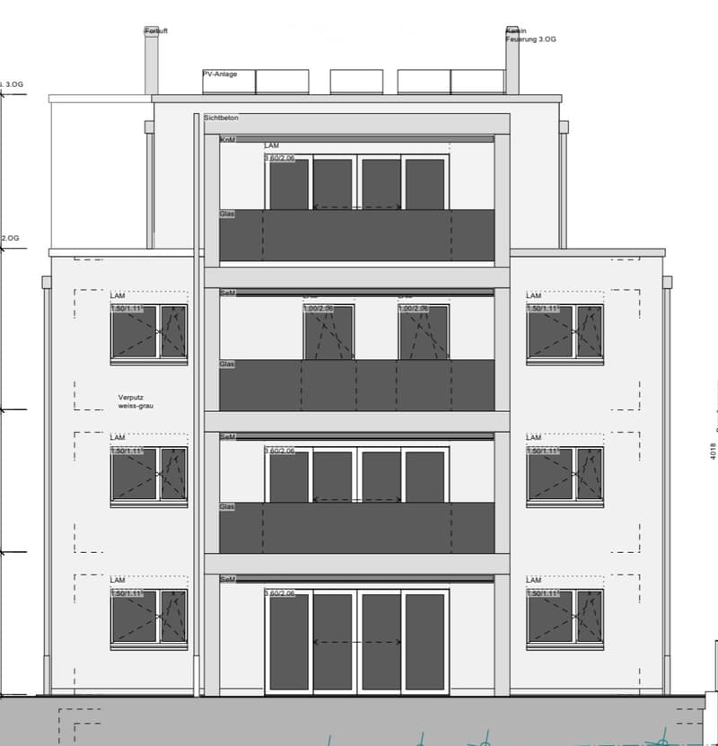 Architectural floor plan showing a multi-story building with labeled sections, windows, and structural details.