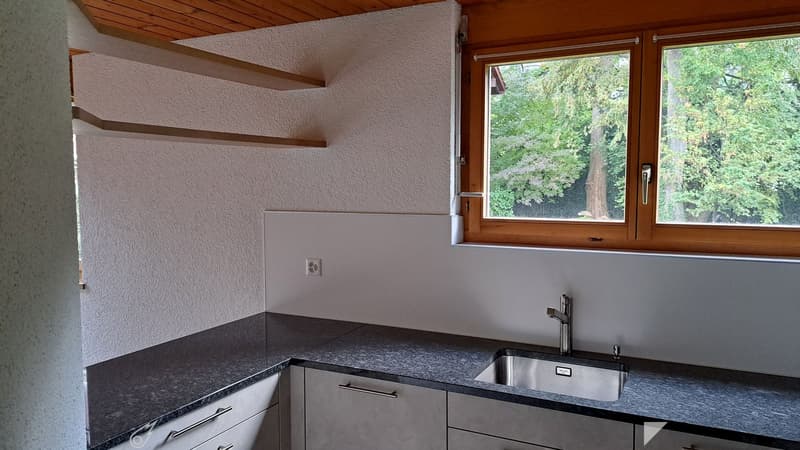 Modern kitchen with grey countertops, stainless steel sink, and wooden window frames overlooking greenery.