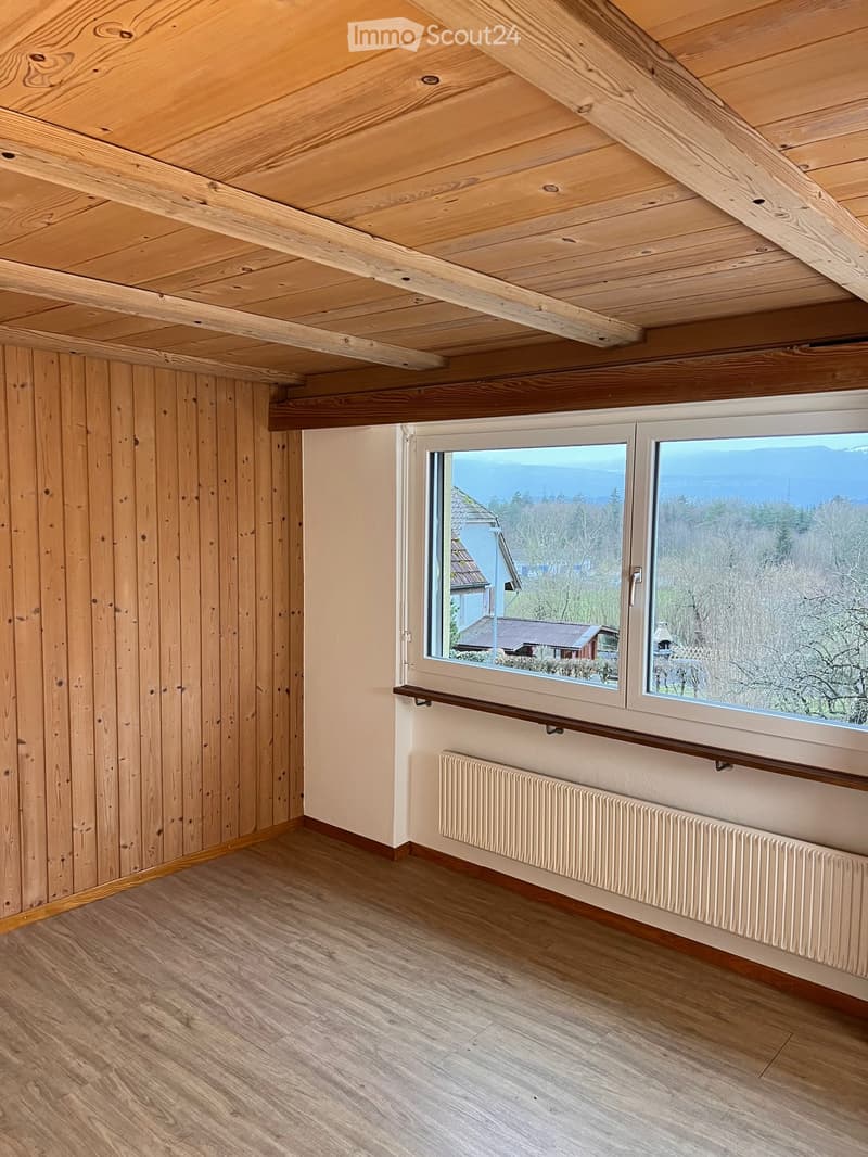 Empty room with wooden walls, wooden ceiling beams, wooden floor, large window with scenic view, radiator, and window sill.