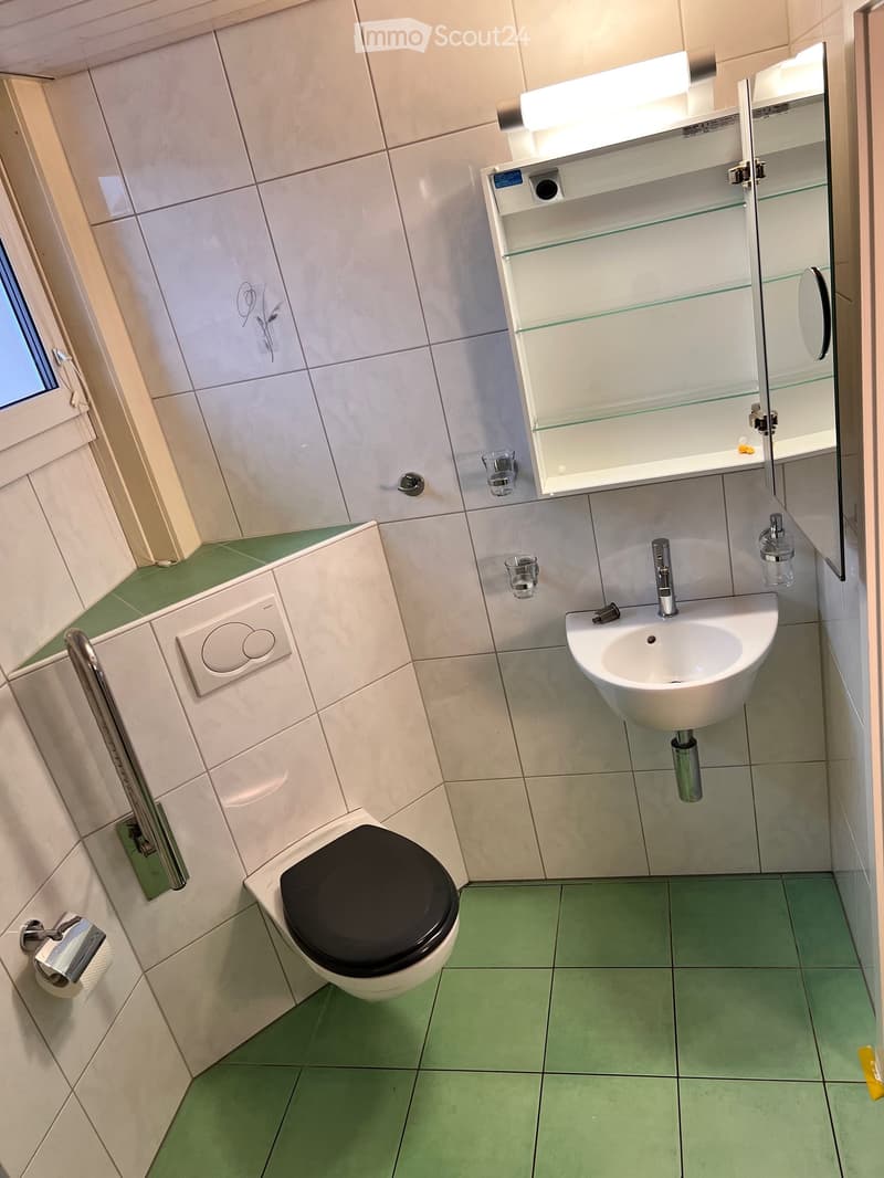 Modern bathroom with white tiles, green floor, toilet, sink, mirror, and glass shelf.