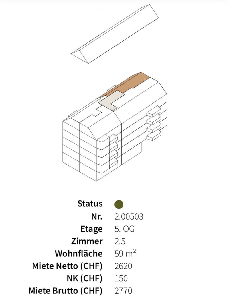 3D floor plan of a 5th-floor apartment with2.5 rooms and 59 m² living area.