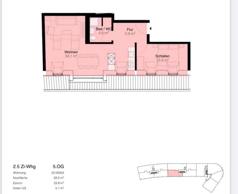 Floor plan of a 2.5-room apartment on the 5th floor, including living area, bedroom, bathroom, and hallway.