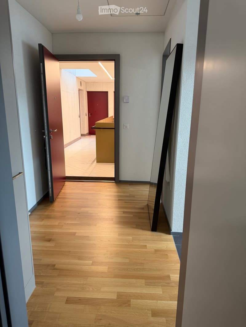 Modern hallway with light wooden flooring, white walls, and a pendant light fixture. An open door leads to another room with a visible counter and red door.
