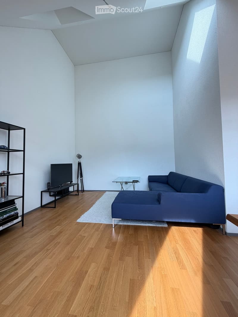 Modern living room with wooden flooring, a blue sofa, a glass coffee table, a television on a stand, and a black shelving unit with books and decorative items.