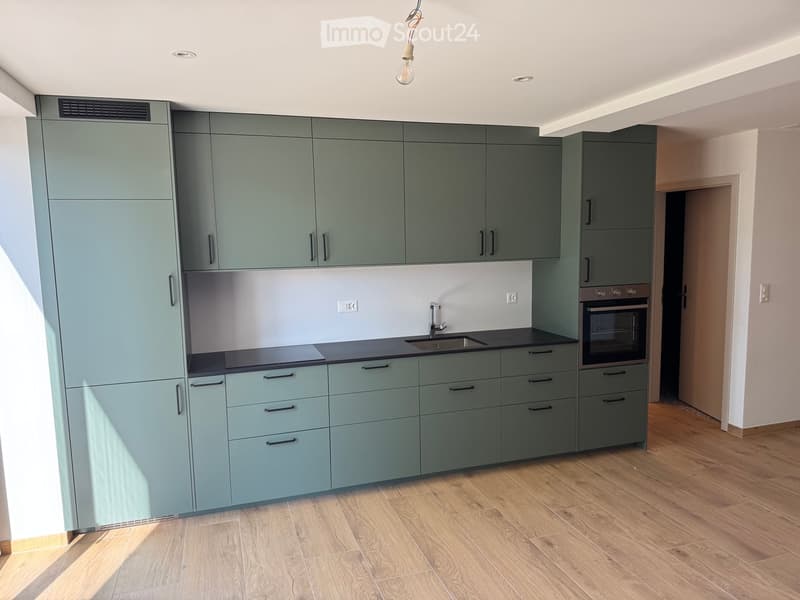Modern kitchen with light green cabinets, black countertops, and wooden flooring.