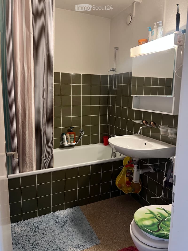 Bathroom with green tiled walls, bathtub, sink, toilet, mirror, and toiletries. Includes a shower curtain and a rug on the floor.