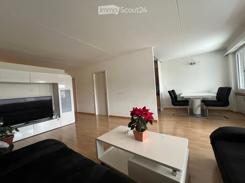 Modern living room with a white TV stand, black sofa, white coffee table with a red poinsettia plant, and a small dining area with a table and chairs.
