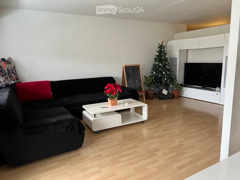 Modern living room with wooden flooring, a black sectional sofa, a white coffee table with a small plant, a flat-screen TV on a white stand, and a small Christmas tree in the corner.