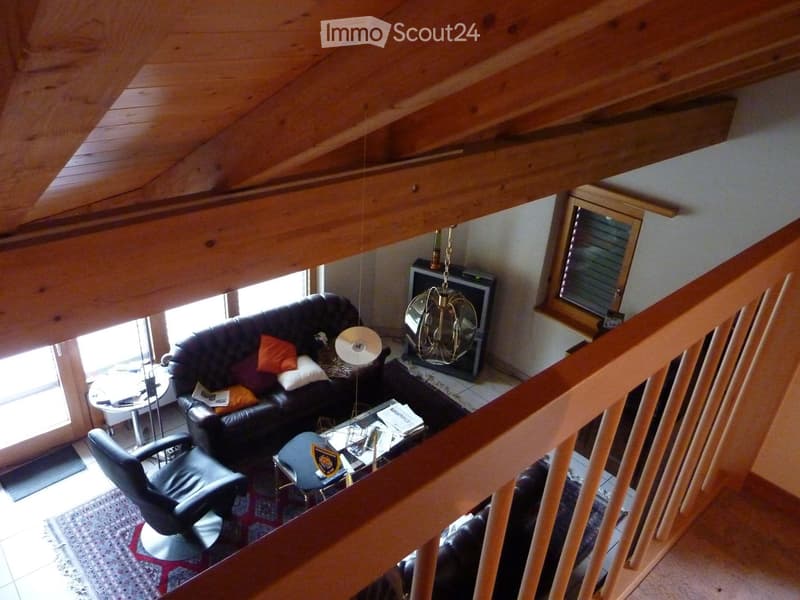 balcony area, black sofa, orange cushions, table, floor lamp, rug, armchair, coffee table, TV, ceiling fan, windows