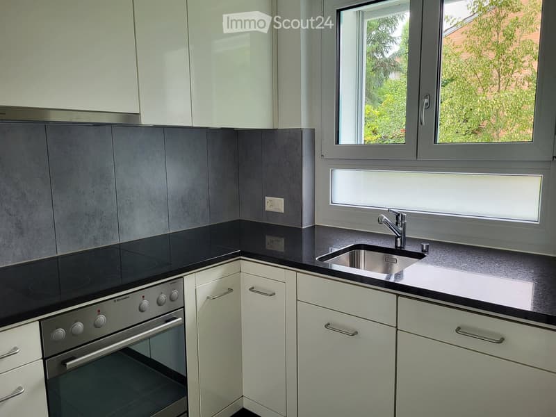 Modern kitchen with white cabinets, black countertops, stainless steel sink, and built-in oven.