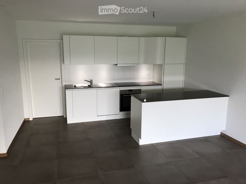 Modern kitchen with white cabinets, stainless steel appliances, and a black countertop. Features a sink with a faucet, an oven, and a central island.