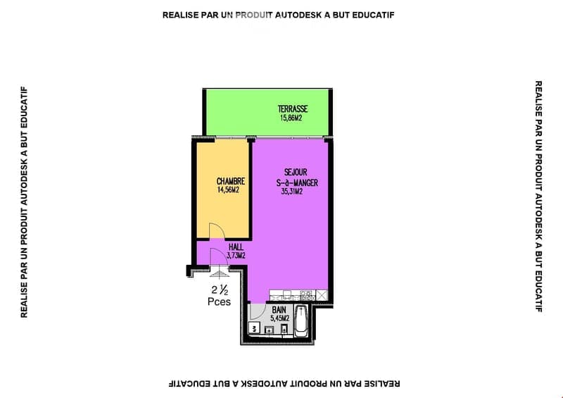 Floor plan of a 2-room apartment with a living room, bedroom, hallway, bathroom, and terrace.