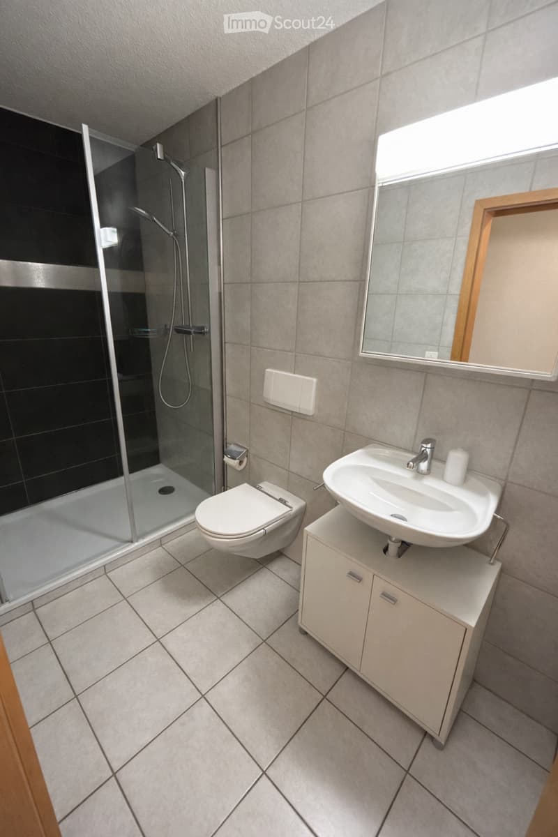 Modern bathroom with tiled walls and floor, featuring a toilet, sink with cabinet, mirror, and a glass-enclosed shower area.