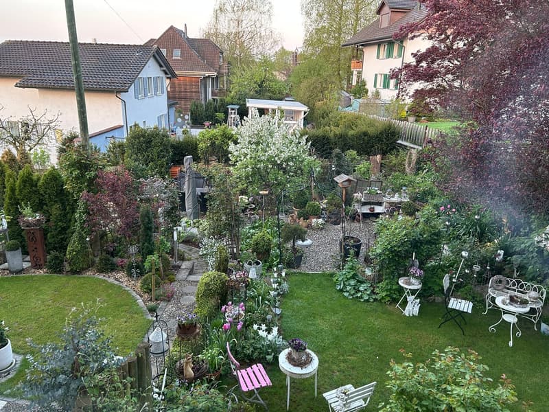 A well-maintained garden with a variety of plants, flowers, and decorative items, including a small seating area with chairs and tables, surrounded by trees and shrubs.