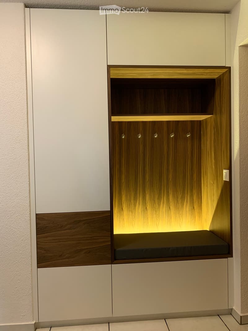 Modern cabinet with white and wood finishes, illuminated shelf, and built-in storage compartments.