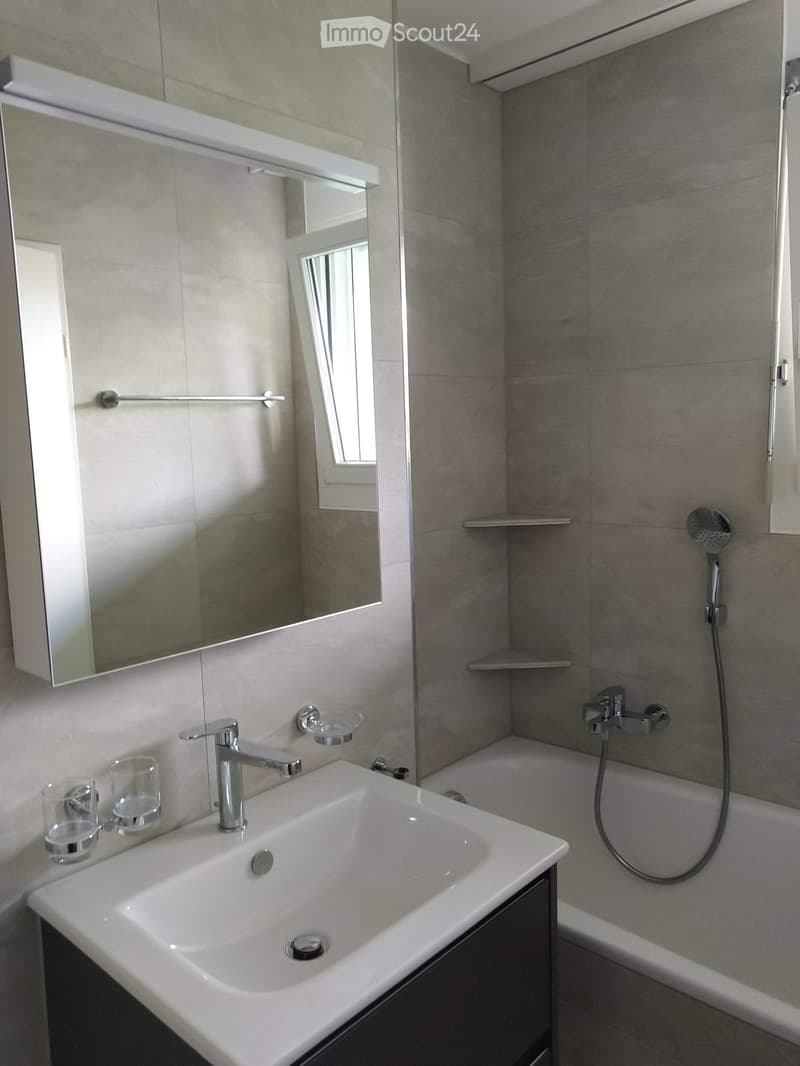 Modern bathroom with a white sink, chrome faucet, large mirror, bathtub with showerhead, and glass shelves.