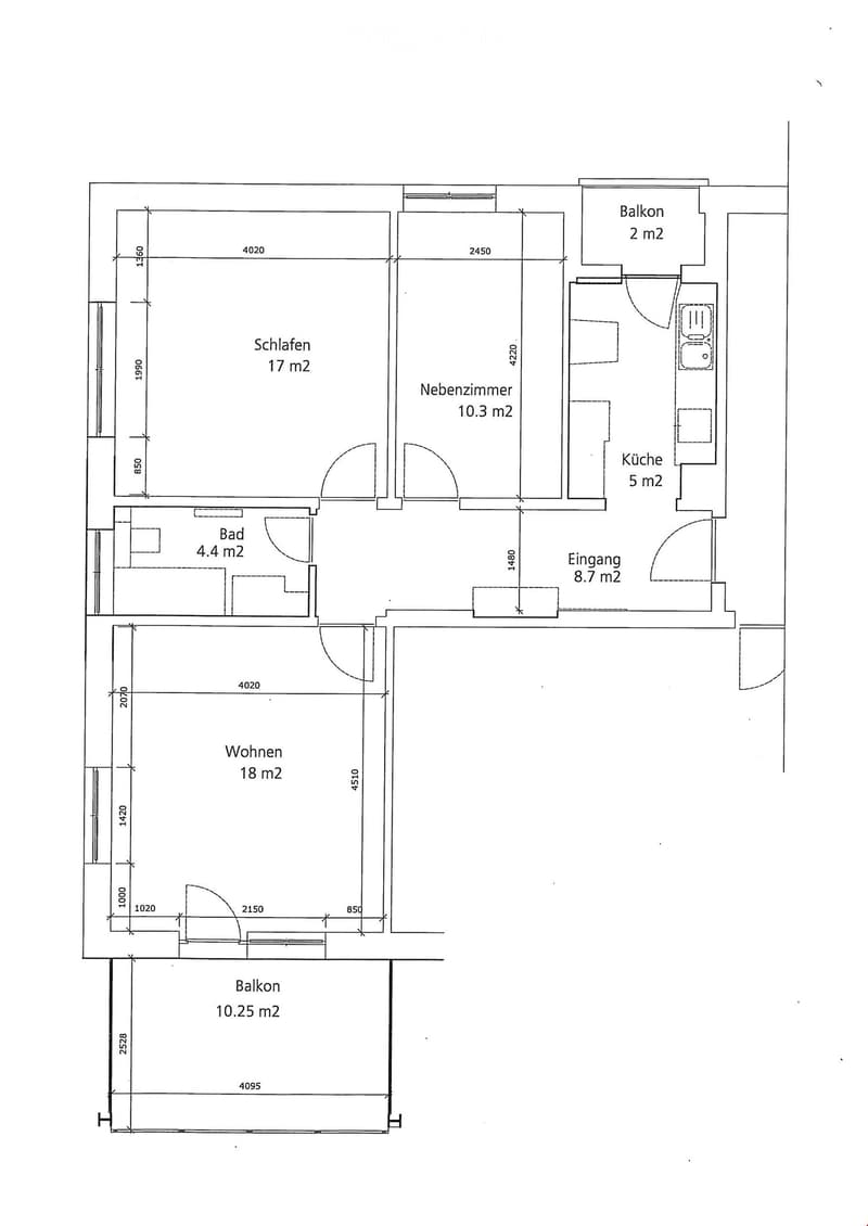 Floor plan showing a living area (18 m2), bedroom (17 m2), bathroom (4.4 m2), kitchen (5 m2), hallway (8.7 m2), and two balconies (10.25 m2 and 2 m2).