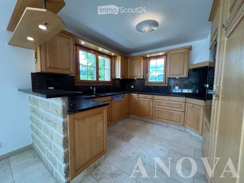 Modern kitchen with wooden cabinets, black countertops, and a stone island. Features include a sink, dishwasher, and ample natural light from large windows.