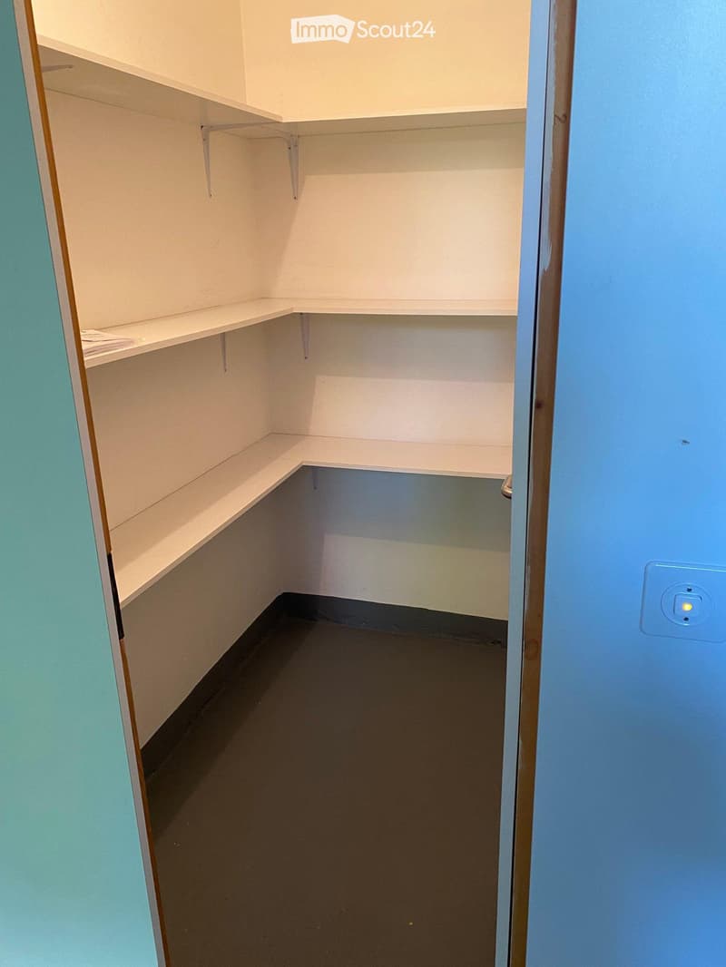 Empty closet with white shelves and a dark floor, adjacent to a blue wall with a light switch.