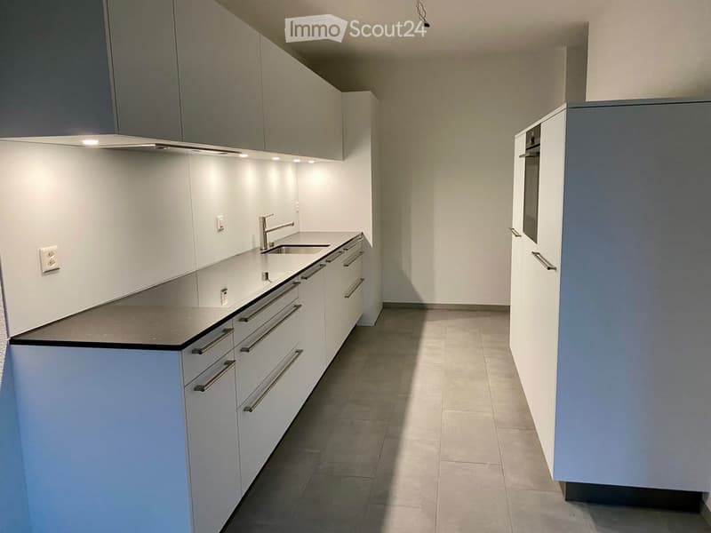 Modern kitchen with white cabinets, stainless steel sink, and built-in oven. Features sleek countertops and recessed lighting.