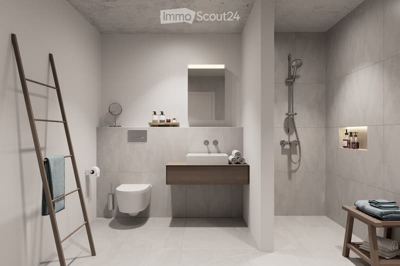 Modern bathroom with a floating vanity, toilet, shower, and built-in storage. Features include a sleek sink, a wooden towel rack, and a small bench with folded towels.