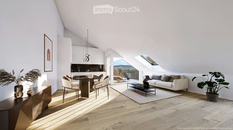 Bright, open living and dining area with wooden flooring, white walls, and large windows offering a scenic view. Features a white sofa, coffee table, dining table with chairs, and modern decor including potted plants and artwork.