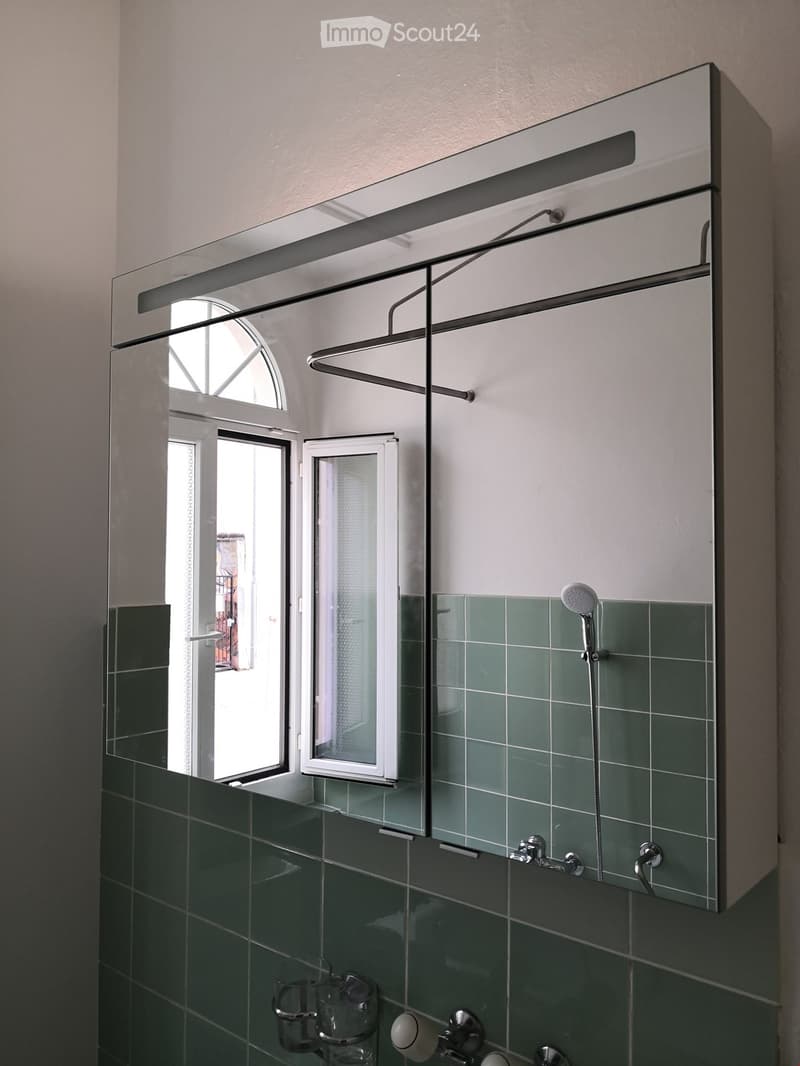 {"visible_features": [], "type": "Room", "description": "Bathroom mirror with cabinet above the sink, shower, green tiled wall", "localized_descriptions": {"EN": "Bathroom mirror with cabinet above the sink, shower, green tiled wall", "DE": "Badezimmerspi