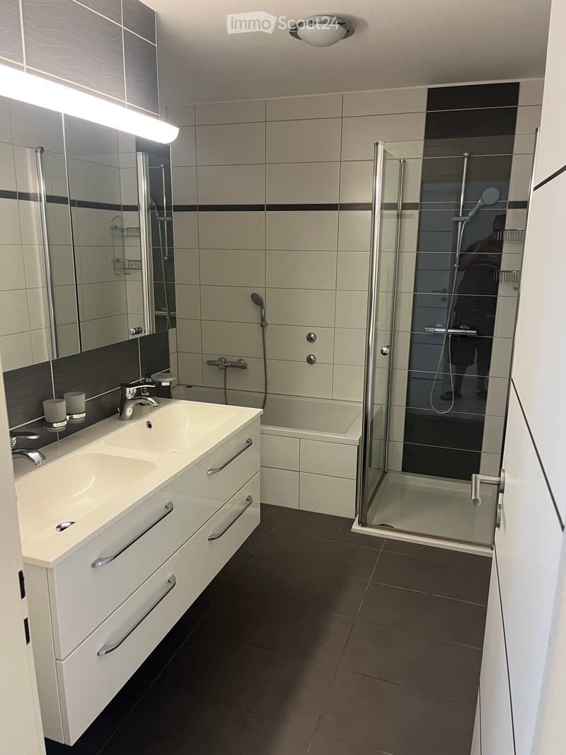 Modern bathroom with a double sink, large mirror, bathtub, and glass-enclosed shower. Features sleek white cabinetry, dark tiled floor, and modern fixtures.