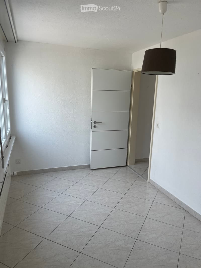 Empty hallway with tiled floor, white walls, a modern white door, and a hanging lamp with a dark shade.