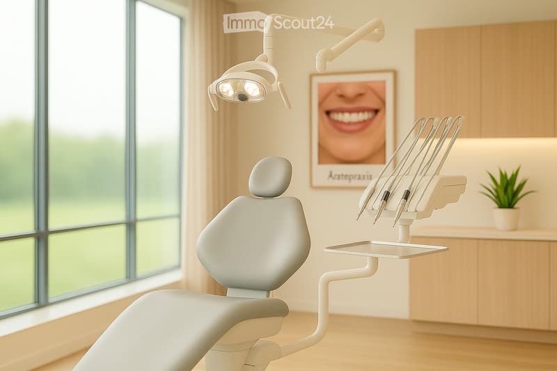 Modern dental office with a white dental chair, overhead light, dental instruments, a framed picture, and a small potted plant on a counter.