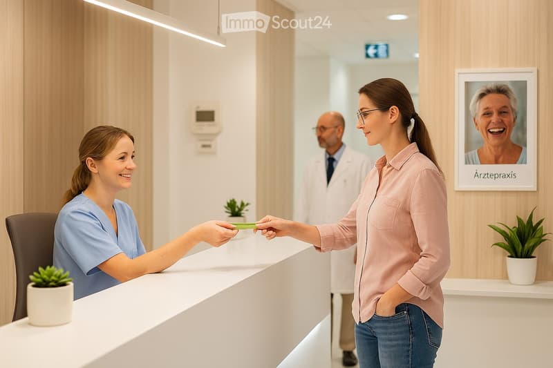Modern medical office reception area with a clean, minimalist design. Features include a white reception desk, potted plants, framed artwork, and a digital temperature display on the wall.
