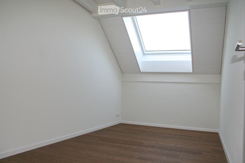 Completely empty attic room with wooden flooring, white walls, and a skylight window.