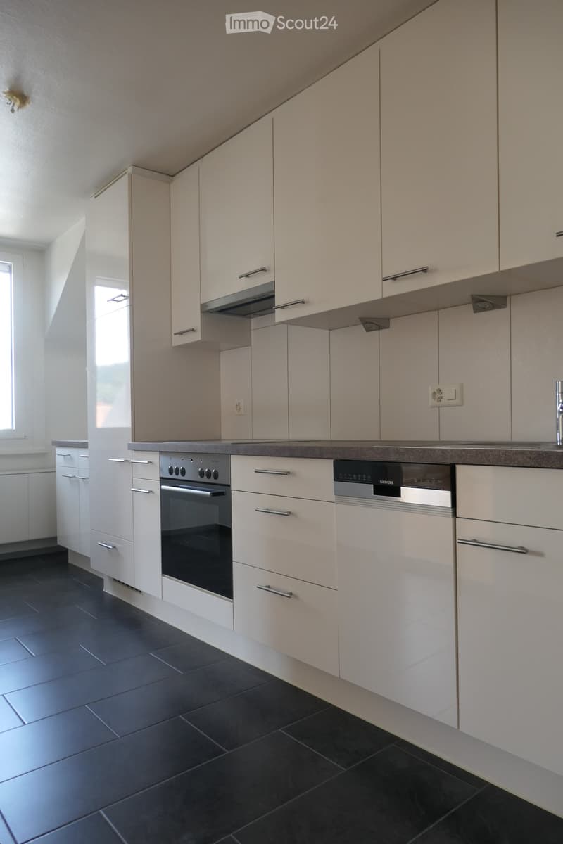 Modern kitchen with white cabinets, stainless steel oven, dishwasher, and dark tiled floor.