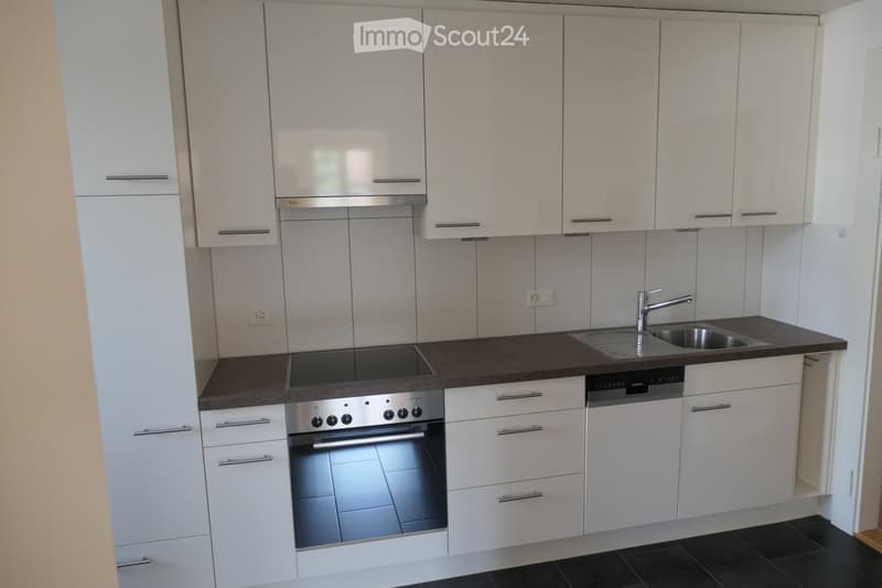 Modern kitchen with white cabinets, stainless steel appliances, dark countertops, and a sink with a faucet.