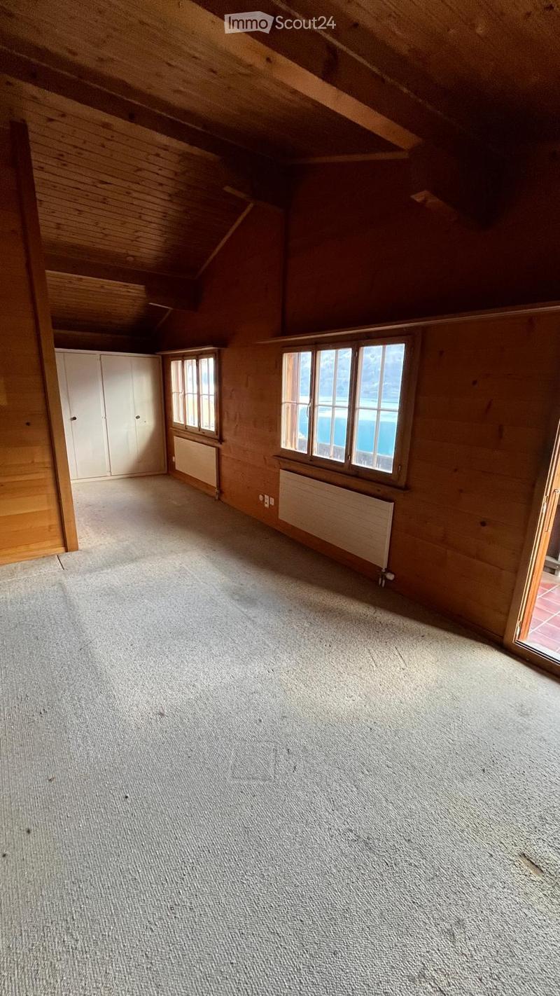 Empty attic room with wooden walls, carpeted floor, large windows, and built-in closet.