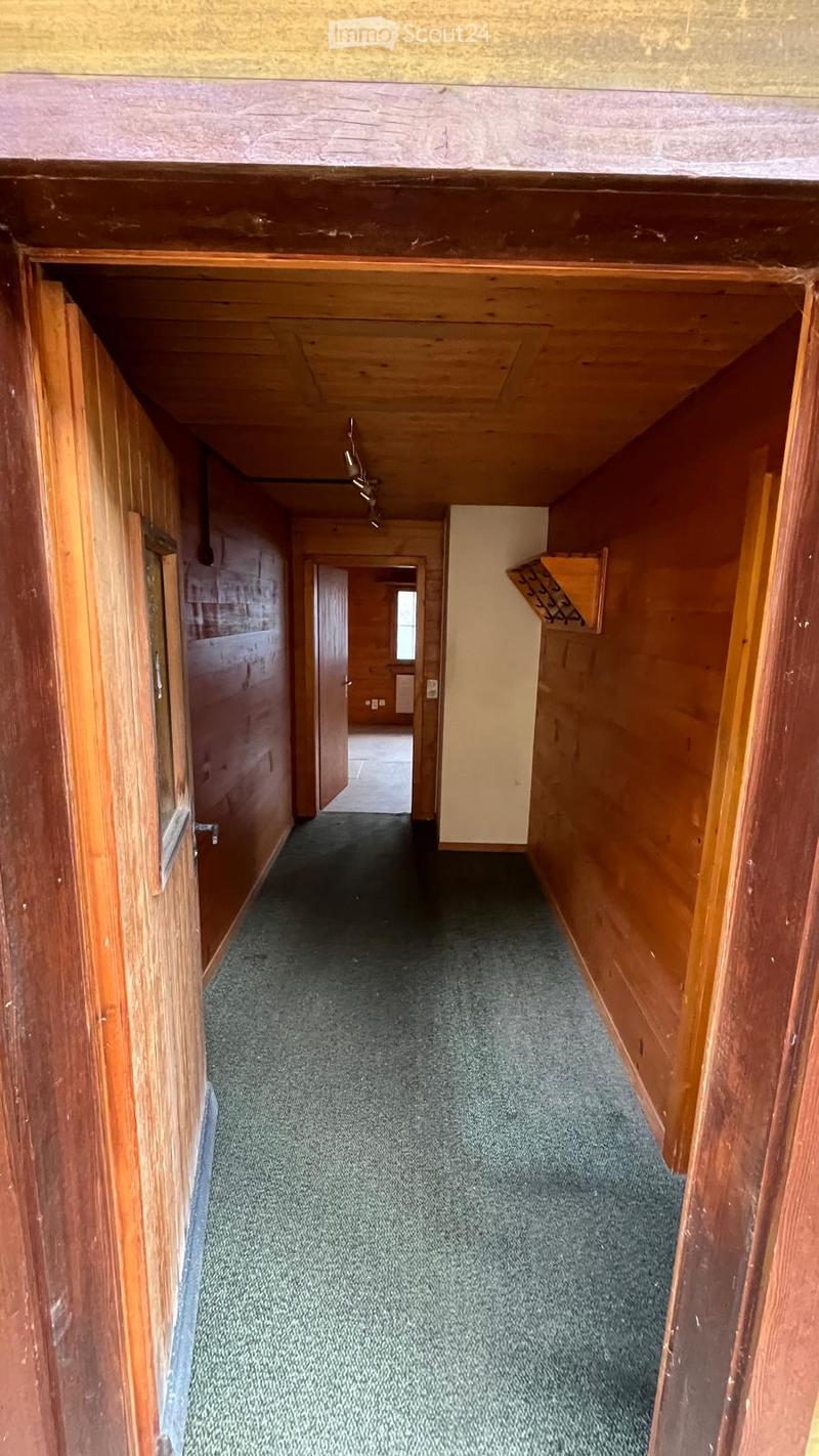 A narrow hallway with wooden walls and ceiling, carpeted floor, and several doors leading to other rooms.