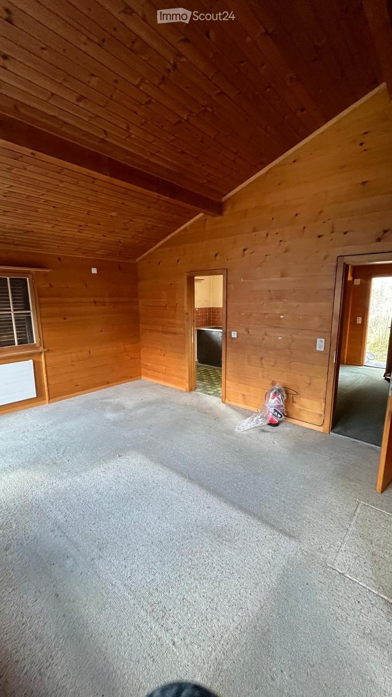 Empty room with wooden walls and ceiling, carpeted floor, and a small adjacent bathroom area visible through an open doorway.