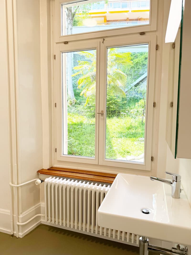 Bathroom with a white sink, chrome faucet, and a white radiator below a wooden window sill. The windows offer a view of greenery outside.