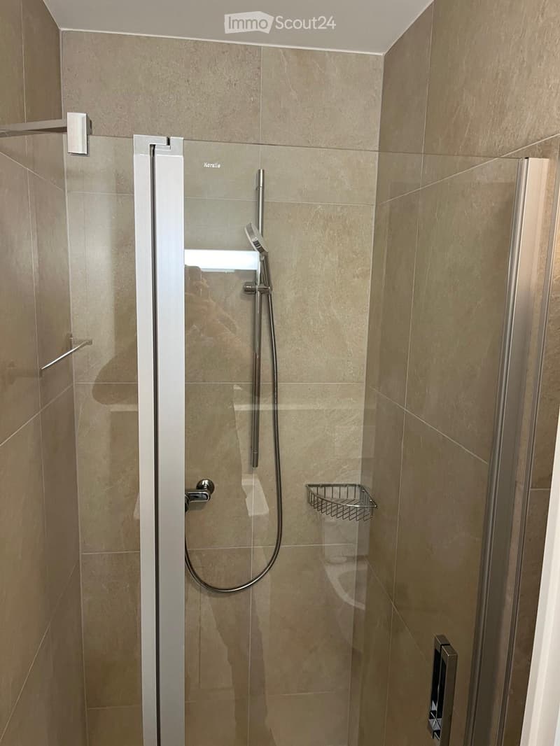 Modern shower area with beige tiled walls, glass shower enclosure, and a handheld showerhead with a control handle.