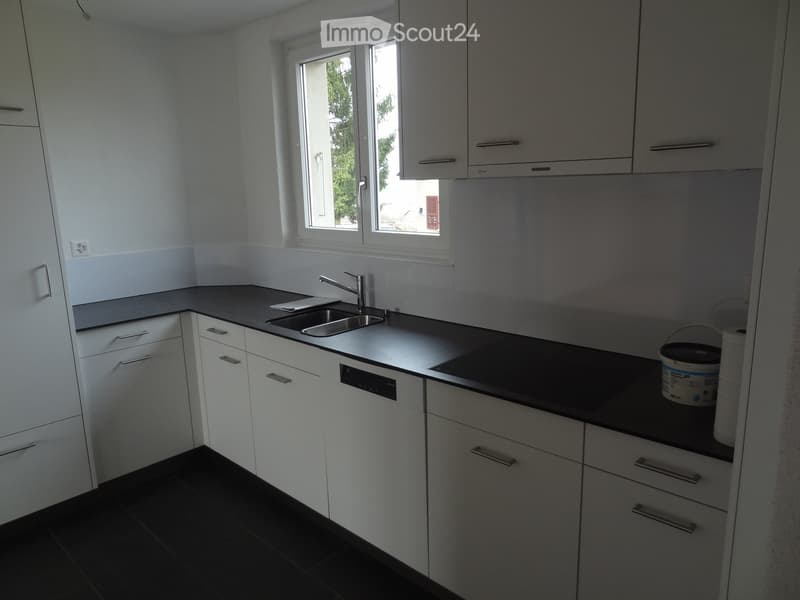 Modern kitchen with white cabinets, black countertops, and stainless steel sink and faucet.