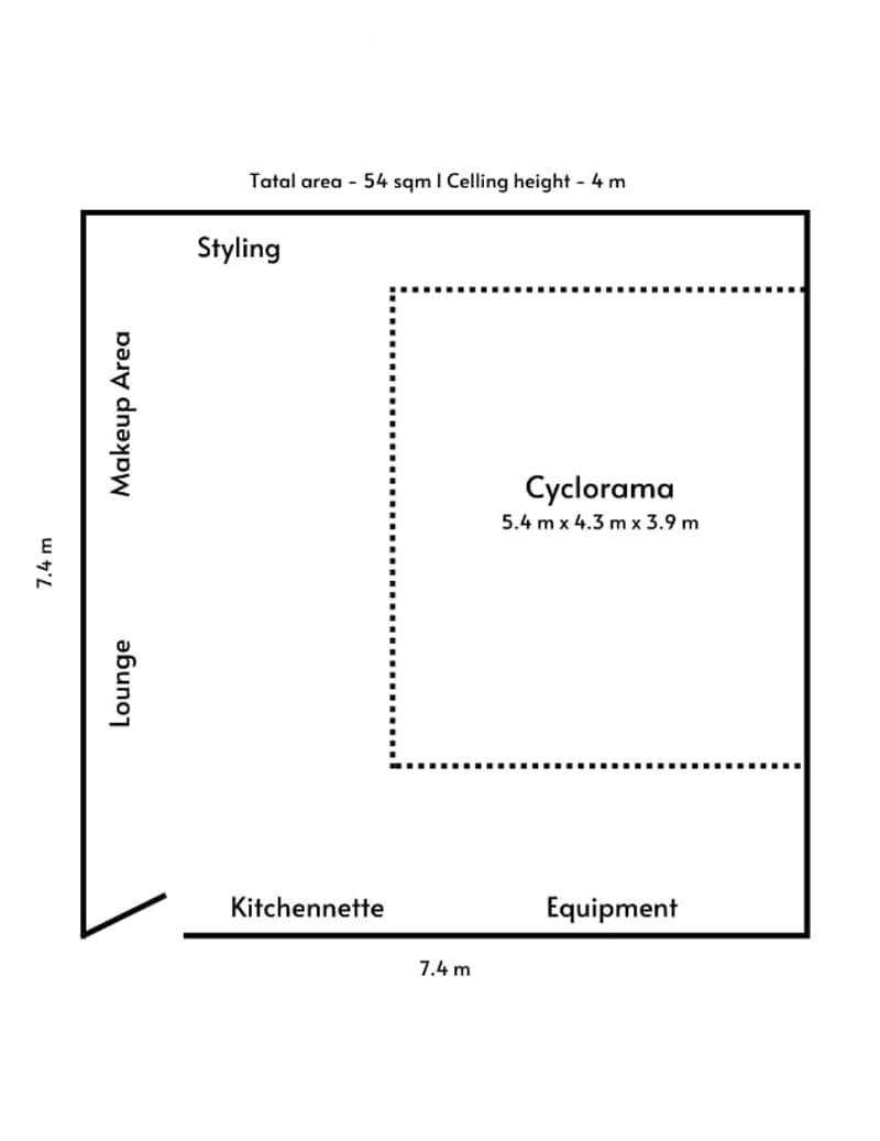 Layout of a studio or small space with labeled areas: Styling, Makeup Area, Lounge, Cyclorama, Kitchenette, and Equipment.
