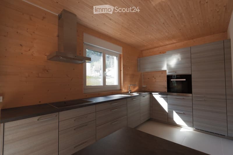 Modern kitchen with wooden walls and ceiling, stainless steel appliances, and ample natural light from a large window.